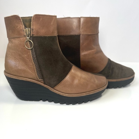 Fly London Yime Two-Tone Brown and Tan Patchwork Wedge Boots Size 39EU/8.5US - Picture 6 of 15